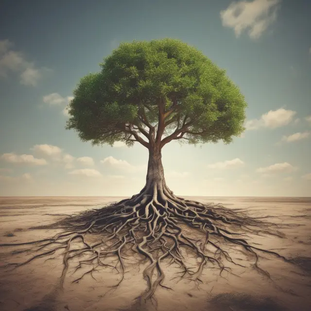 A sturdy tree with strong roots reaching towards a barren ground, illustrating the potential growth limitations of low-risk investments.