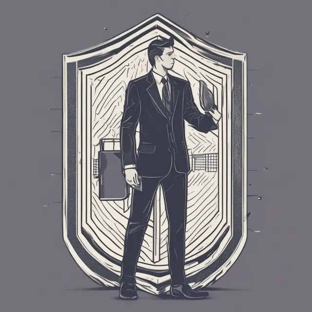 Investor holding a shield adorned with risk management techniques: stop-loss orders, hedging strategies, asset allocation, risk tolerance assessment, and periodic portfolio review