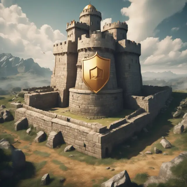 Golden shield representing guaranteed principal protection, fortress symbolizes stability in risk-free assets.