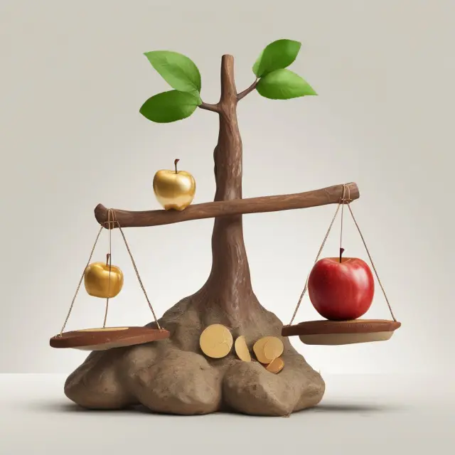 A balanced see-saw illustrating the investment concept where higher risk (apple) corresponds to potentially greater returns (gold coin).