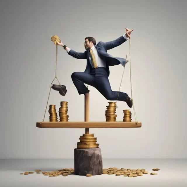 A person balances gold coins representing principal on a seesaw as they navigate fluctuating interest rates during reinvestment.