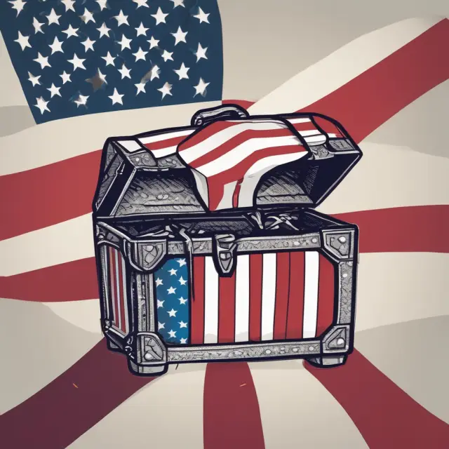 Risk-free assets represented by a shielded treasure chest under the US flag, with a steady hand holding it for portfolio stability