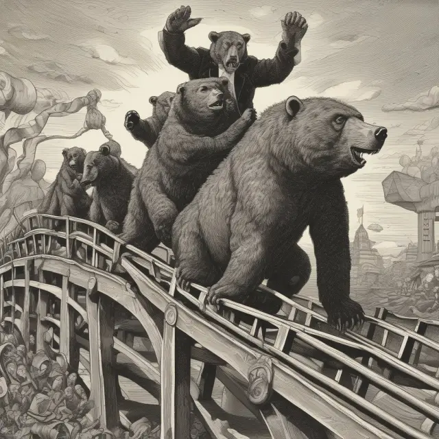 Three dancing bears and bulls symbolizing Alpha (managing funds), Market (rollercoaster), and Psychological risks (human mind)