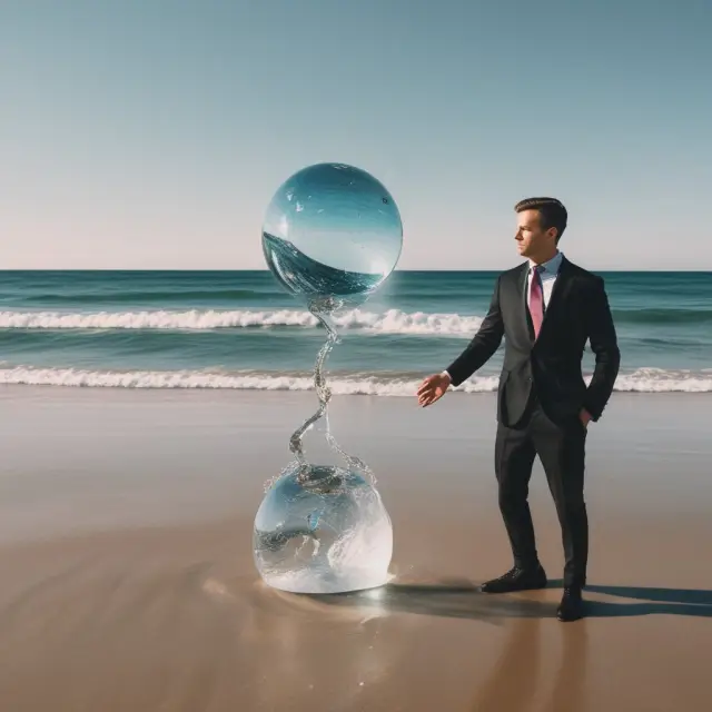 An investor juggling potential gains and managing losses influenced by psychological factors on a beach, with waves representing loss aversion.
