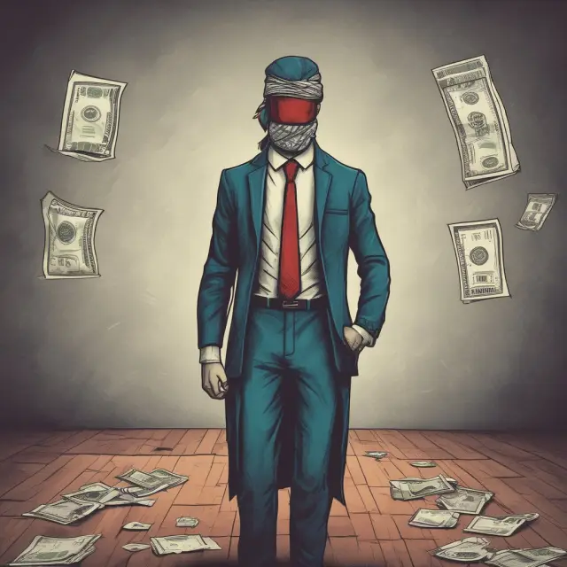 Risk-neutral investor, blindfolded, weighing two investment opportunities: a guaranteed profit vs. a gamble