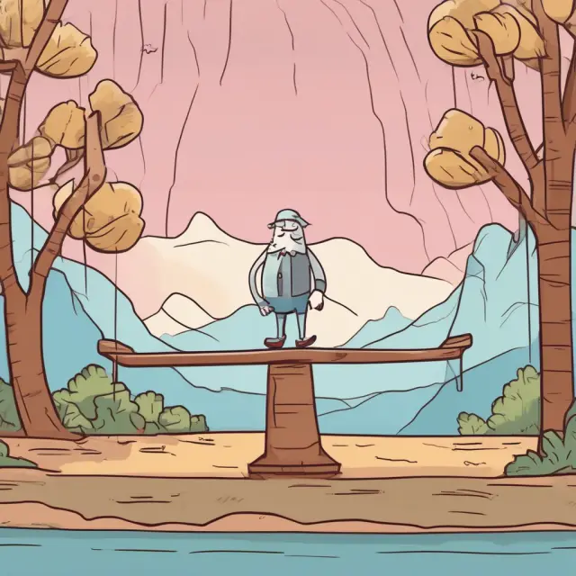 A risk-neutral investor sitting on a seesaw, balanced between potential gains and losses while maintaining an emotionless expression