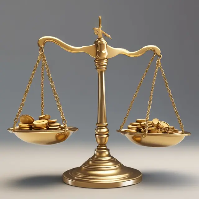 Image of a balanced scale with golden coins on one side for potential gains and weighted lead pieces representing risks in a risk-neutral investment strategy
