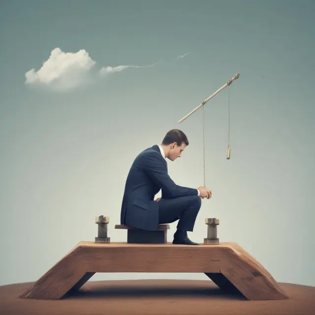 A bearish investor strategically hedging their short position using call and put options on a financial seesaw