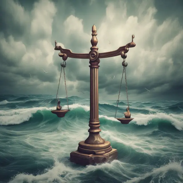 Scale with risk reversal arrows balanced between waves depicting FX market volatility