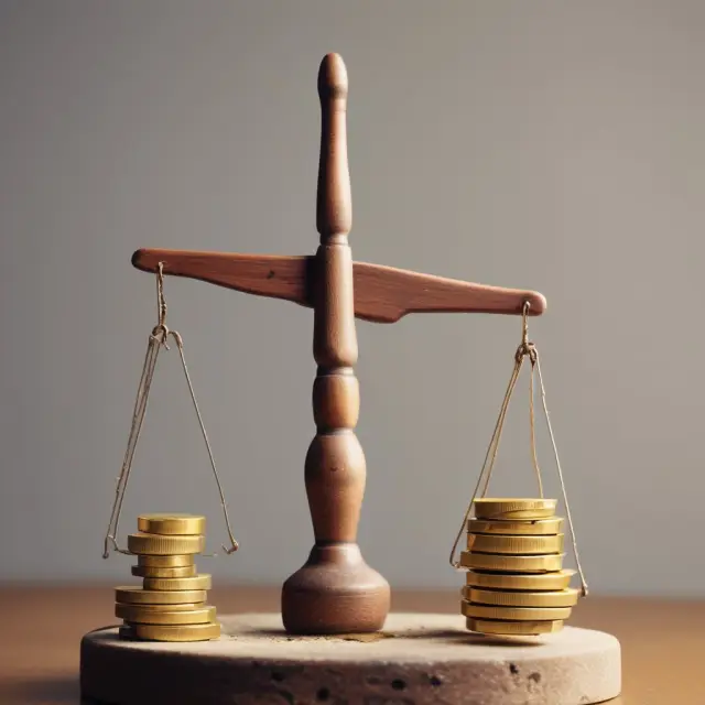 Golden seesaw with one side weighed down by coins at the break-even point for long positions, while the other side has coins representing short positions