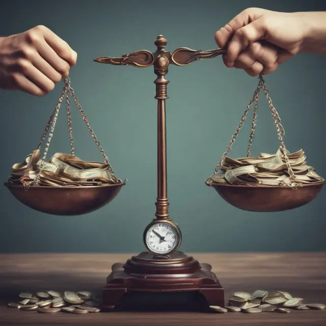 An investor delicately balancing risk reversal strategy factors: strike prices and expiration dates on a weighing scale