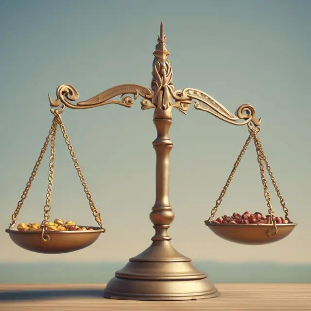 Image of scales balanced between potential profit and loss, illustrating the risk/reward ratio concept