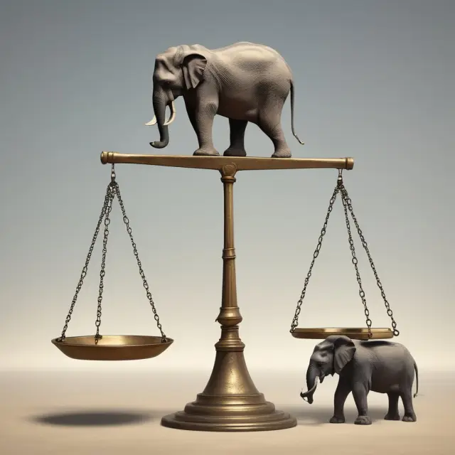 A balance scale with a small pearl on one side and an elephant on the other, representing the challenge of evaluating low risk/reward investment opportunities