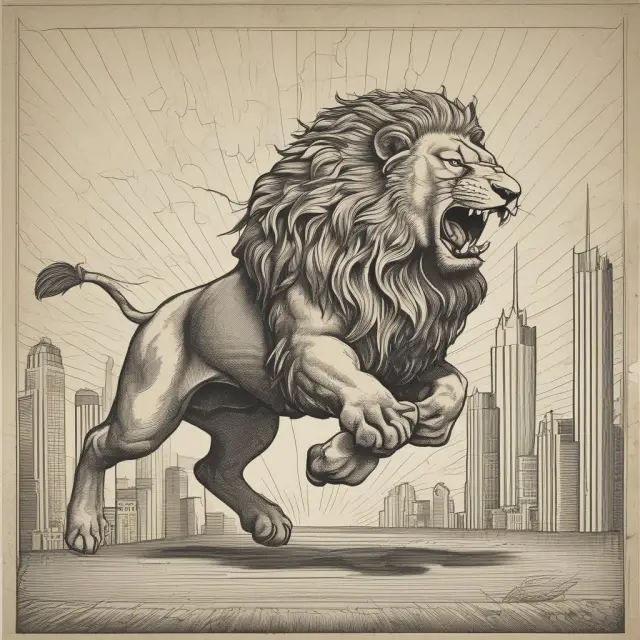 A fearless lion symbolizing an aggressive investor charging towards a bullish stock graph, emphasizing risk tolerance and market-savvy strategies.