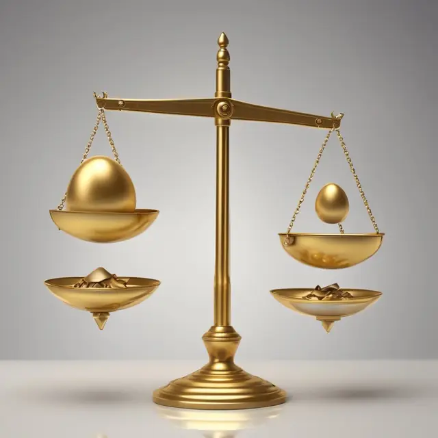 Two scales balance a golden investment egg: one labeled 