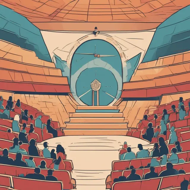 An amphitheater with young, moderate, and old investors represented by shields, balances, and hourglasses, symbolizing different risk tolerance levels.