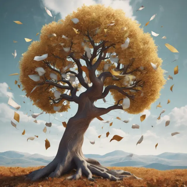 Tree with financial instruments representing Basel I, II, III; wind shifts risk-weighted leaves
