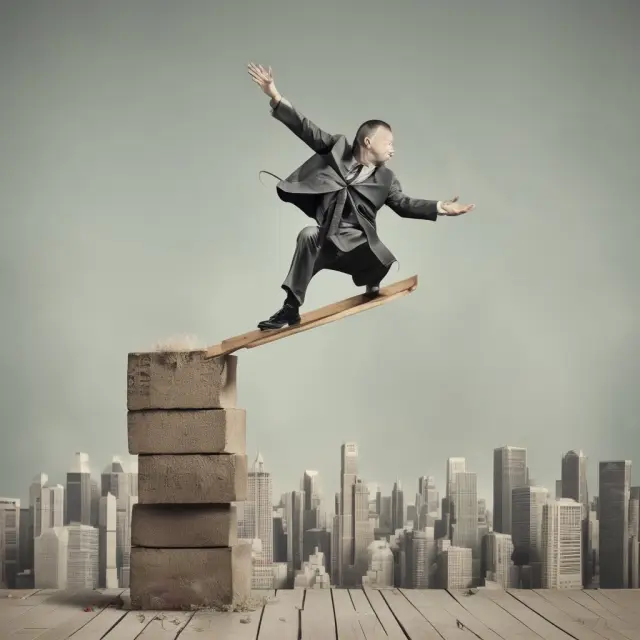 A banker delicately adjusting a seesaw to balance various investment opportunities, symbolizing the balancing act between return and capital requirements in banking