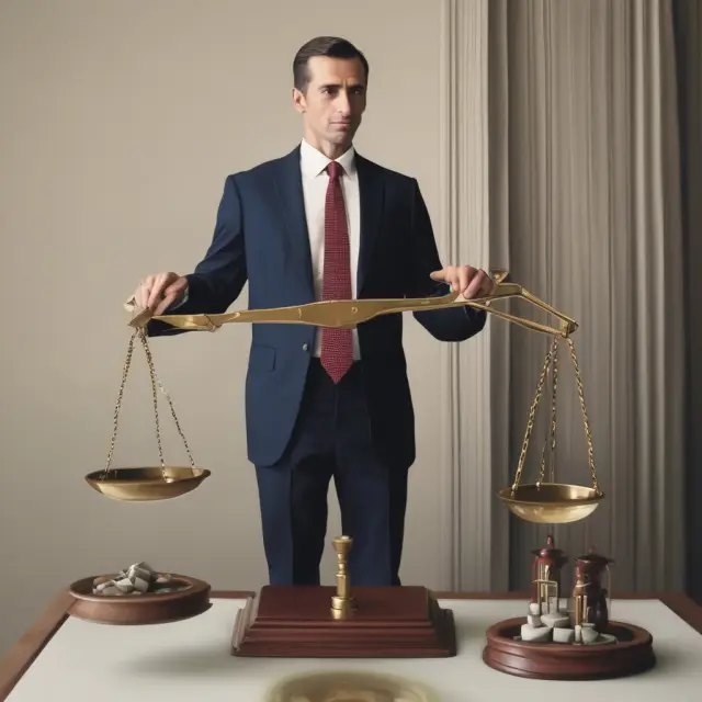 Bank manager assessing risk between low-risk U.S. Treasury bond and high-risk commercial mortgage on a scale.