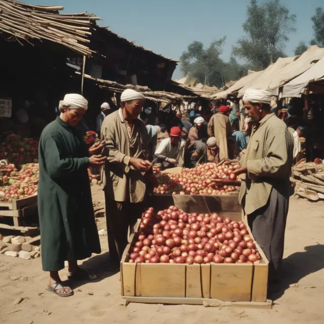 An apple marketplace with intense competition, sellers and buyers vying for limited supplies