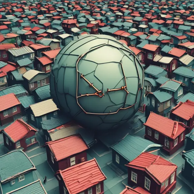 A time bomb hovering above a vast pool of interconnected mortgages symbolizing the potential systemic risks associated with investing in Residential Mortgage-Backed Securities.