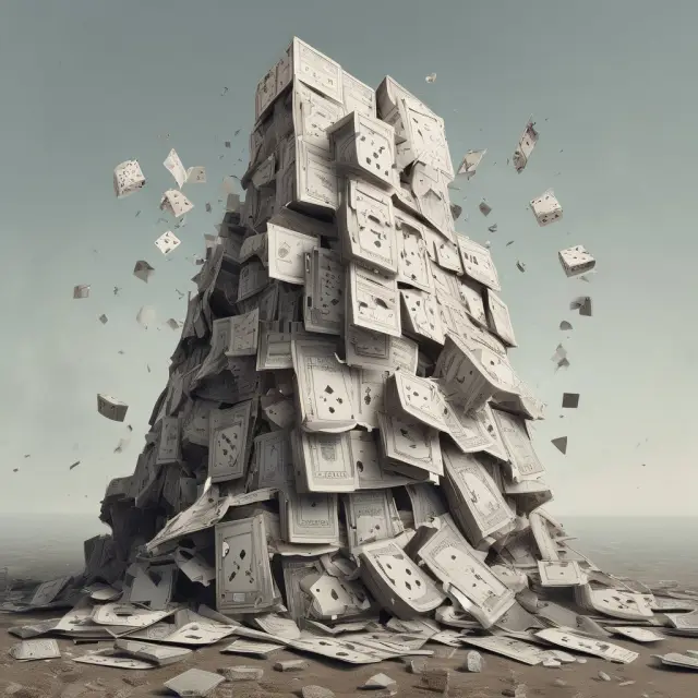 An image depicting the collapse of a tower constructed of Residential Mortgage Backed Securities (RMBS), symbolizing their role in the 2008 financial crisis