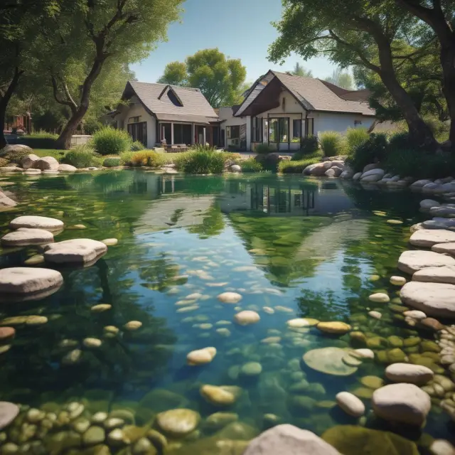 A tranquil pond filled with blue mortgage-backed securities as pebbles, symbolizing a diverse and secure investment in RMBS.
