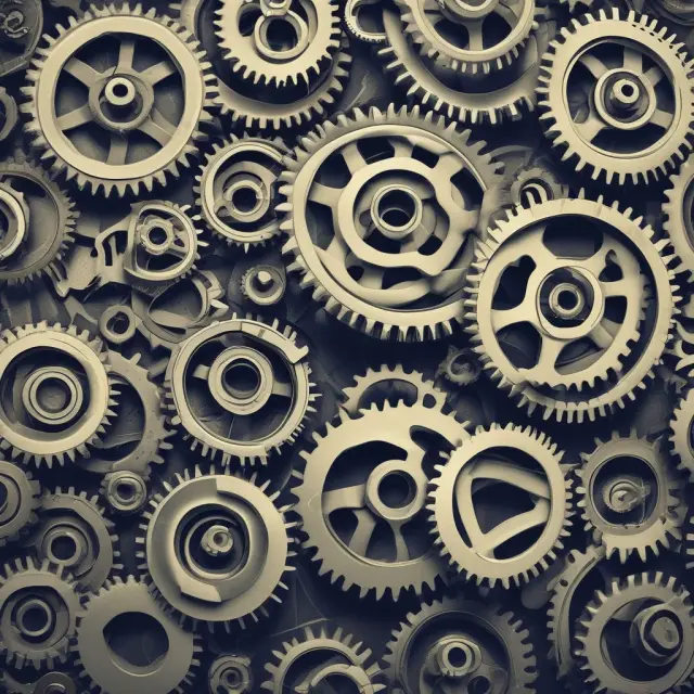 An intricate gear system with technology industry gears turning faster than manufacturing industry gears, symbolizing higher asset turnover and ROAA in tech compared to manufacturing.