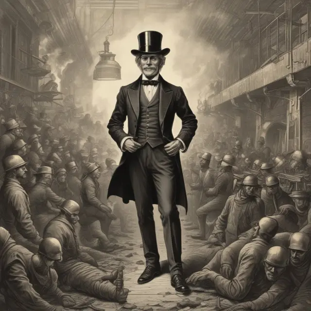 An industrial tycoon on a throne of machinery overlooks laborers protesting poor working conditions in the Gilded Age