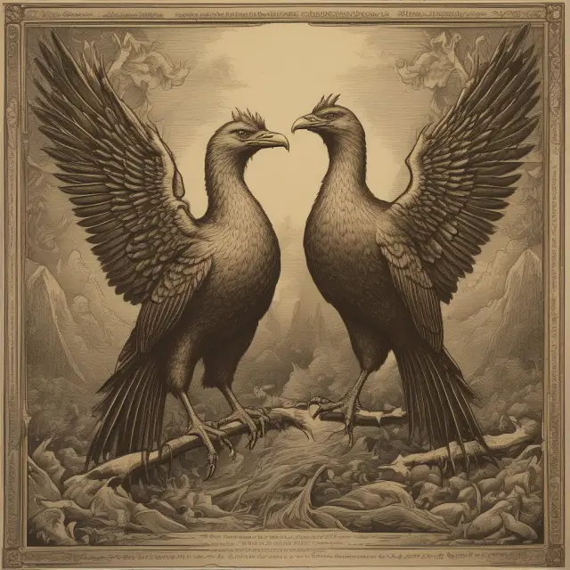 Visualization of robber barons as mythical Phoenixes, symbolizing their controversial past and positive impact on American industry.