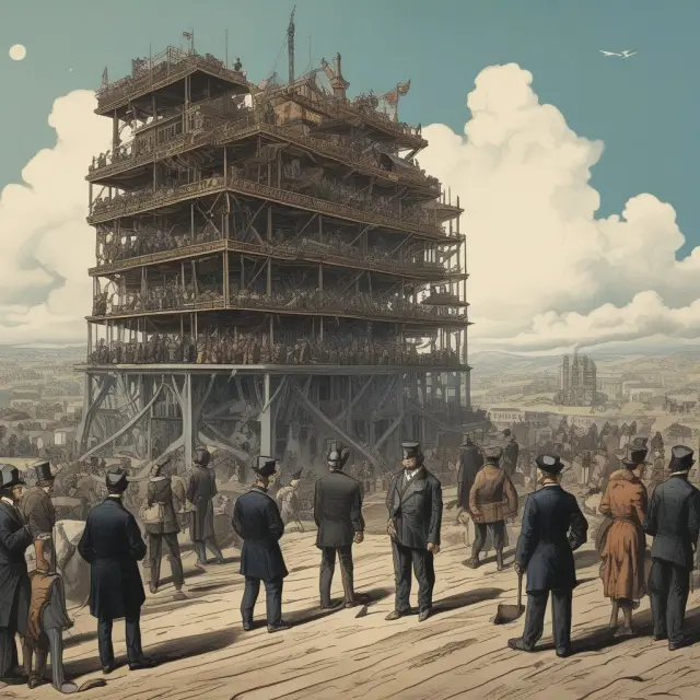 A group of robber barons in period attire, some weighing gold coins while others distribute funds for philanthropic causes