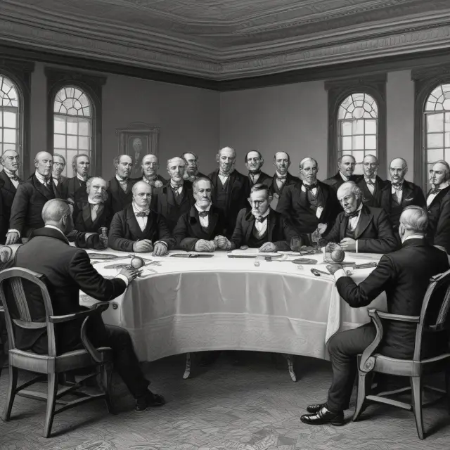 Robber barons gathered for a heated discussion during the Gilded Age, illustrating their impact on American business and society.