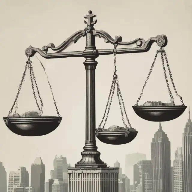 A balanced scale of justice in the Robinson-Patman Act context: Interconnected hands symbolize fair competition as they strive for equal prices on tangible goods.