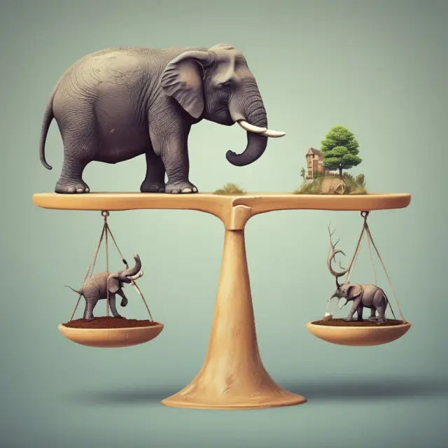 Colossal elephant (Walmart) and small ant (retailer) on a balance scale, symbolizing fair interstate trade pricing under the Robinson-Patman Act