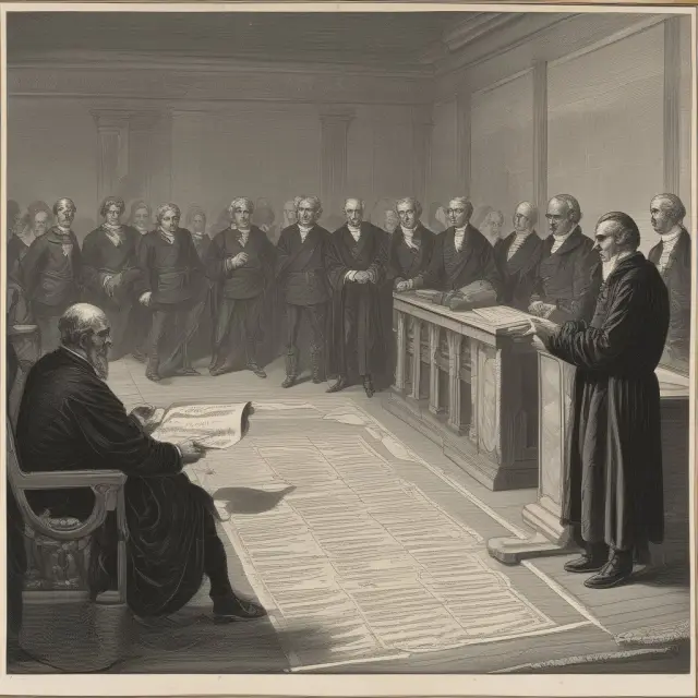 A courtroom scene with an ancient scroll depicting discussions on the future of the Robinson-Patman Act, including enforcement challenges, potential reforms, and antitrust implications.