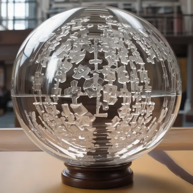 A crystal sphere displays FAQs about the Robinson-Patman Act, with each question represented as a puzzle piece unveiling aspects of fair pricing in interstate trade