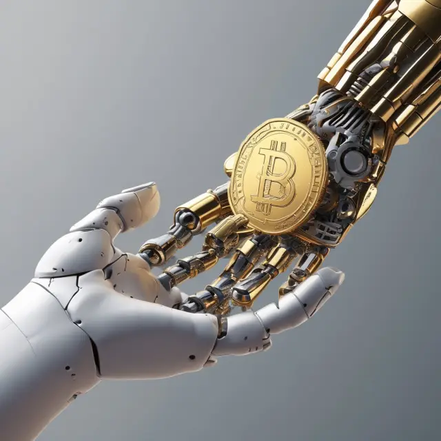 A robot hand hands over a gold coin to a human hand, representing the integration and collaboration between Robotic Process Automation (RPA) and human workers.