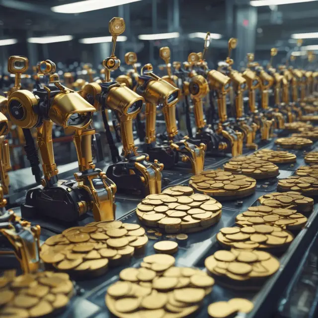 Robots assembling gold coins on a production line, illustrating the cost savings potential of Robotic Process Automation
