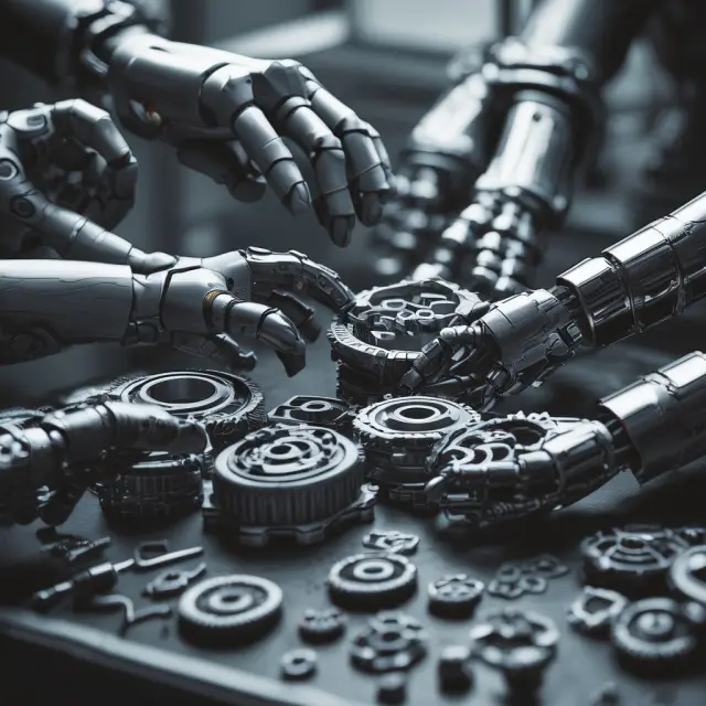 Robots assemble gears, representing successful implementation of RPA after assessing organizational readiness and selecting the right vendor