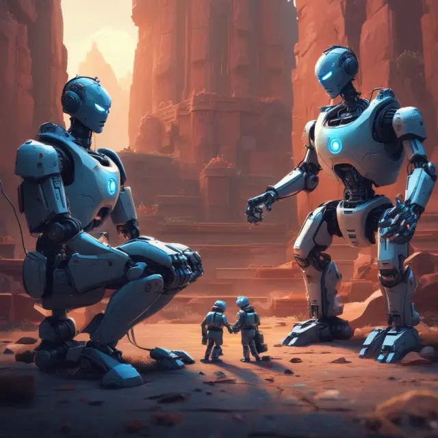 Robot guards shielding a digital fortress, symbolizing Robotic Process Automation