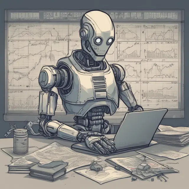 Robot analyzing business financial data using robust models to make accurate decisions amidst volatile markets.