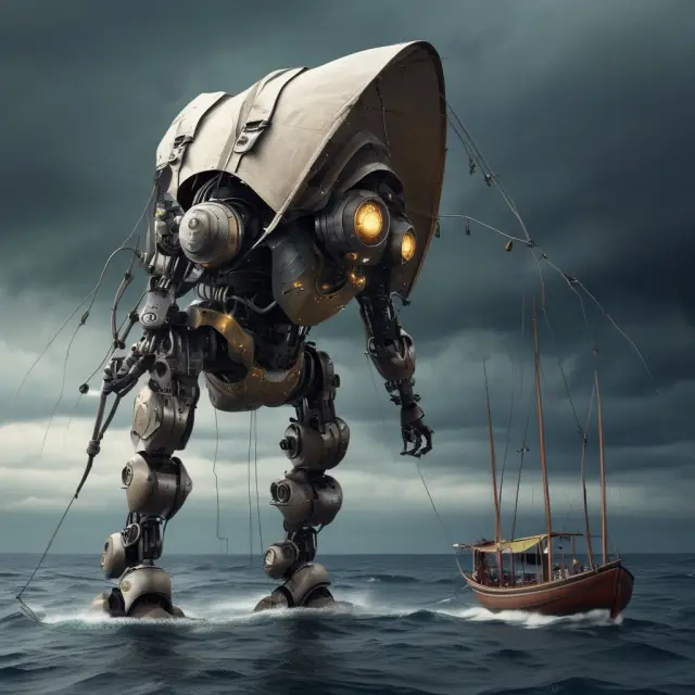 Robot trader braving stormy seas, adjusting sails to maintain balance in turbulent markets, representing adaptive and robust trading systems