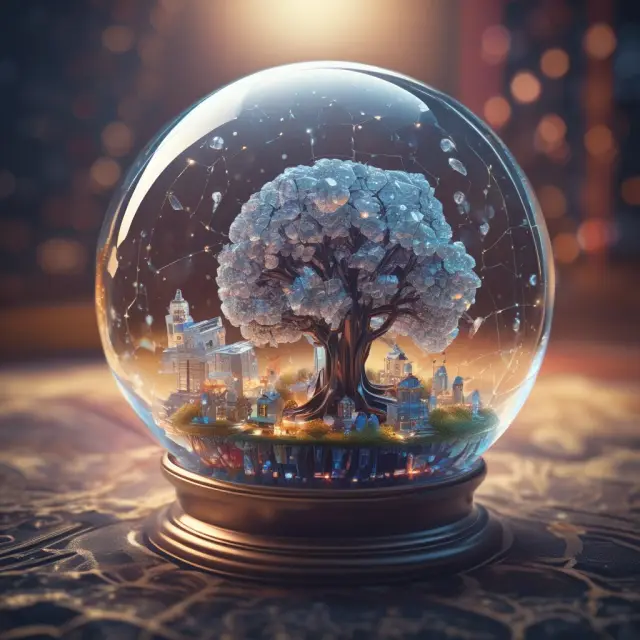 An image of a crystal ball containing swirling data points representing AI, Big Data, and blockchain keys signifying future trends in robust financial modeling
