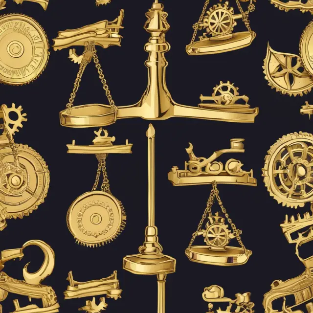 Scales balanced with golden coins and gears represent Return on Capital Employed (ROCE), emphasizing the importance of efficient capital utilization in generating profits.