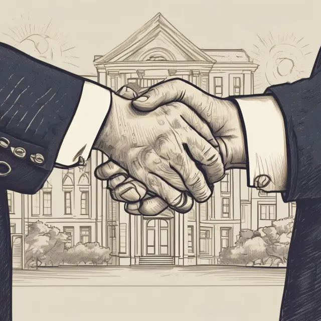 Landlord and tenant shaking hands, with a golden scroll symbolizing a right of first offer floating between them, representing their mutual agreement in real estate transactions