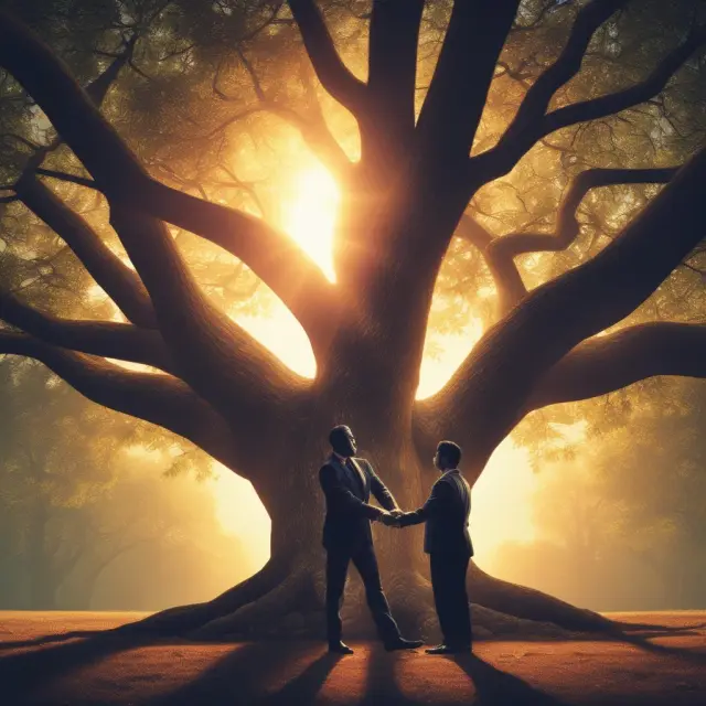 Business partners meeting under a confidentiality tree, represented by a rising sun, with a right of first offer (ROFO) in effect