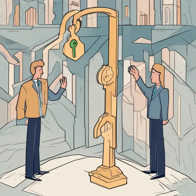 Seller offering a golden key to a right holder at a crossroads, representing the process of exercising a right of first offer in various industries