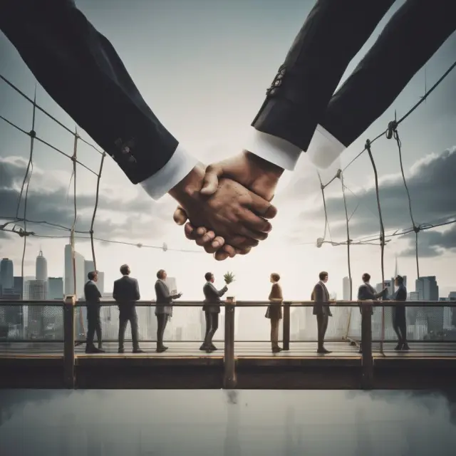 Handshake between buyers and sellers on a bridge, signifying effective communication during ROFO negotiations