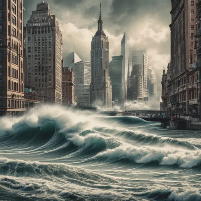 Tempestuous waves representing rogue traders crashing against the shores of financial institutions