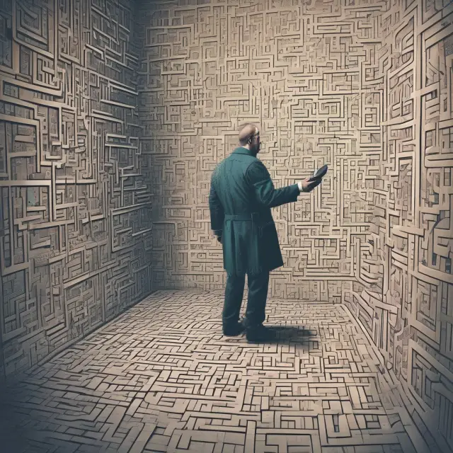Image of a determined rogue trader navigating a complex maze of financial contracts, manipulating data for personal gain.